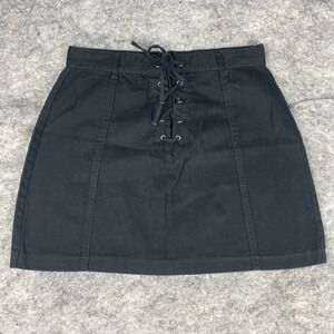 Forever‎ 21 Junior's Large Black Denim Tie Front Zip Back 100% Cotton Mini Skirt